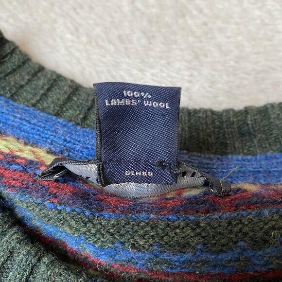 Lands End Lambswool Fair Isle Sweater Men L Green Multicolor 80s Cosby Style - Picture 5 of 9